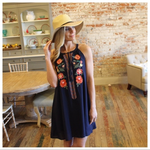 Infinity Raine Dresses & Skirts - LAST ONE!Navy Floral Embroidered Halter Dress